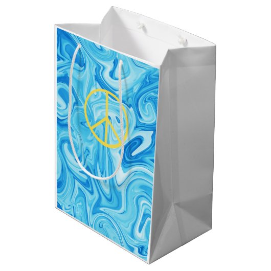 平和のサイン グルービー ペイント イエロー ブルー カラフル ファン ミディアムペーパーバッグ (裏面アングル)