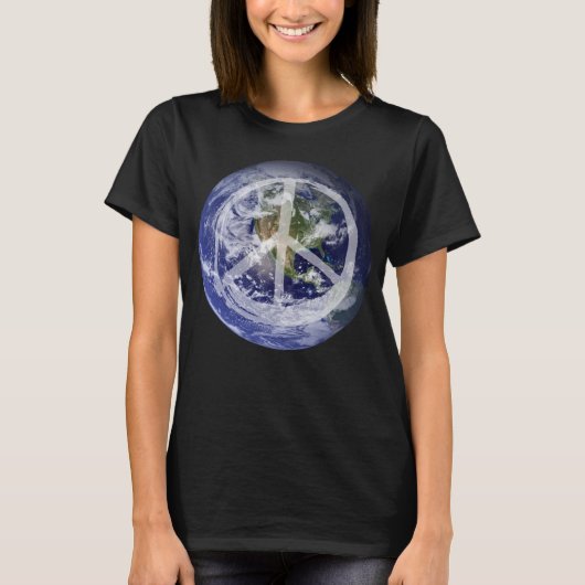平和のシンボルのサインで地球宇宙の平和の平和 Tシャツ (正面)