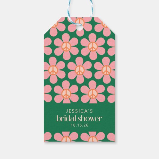 平和の印の花 グリーン ピンク カスタム ブライダルシャワー ギフトタグ (裏面)