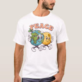 平和の地球と月のレトロ漫画の友情 Tシャツ (正面)