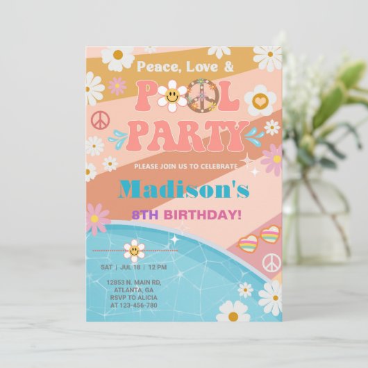 平和の愛とプールのパーティーのグルービー誕生日。 招待状 (スタンド正面)