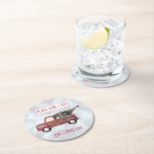 平和の愛と喜びのトイのトラックメリークリスマス ラウンドペーパーコースター (インサイチュ)