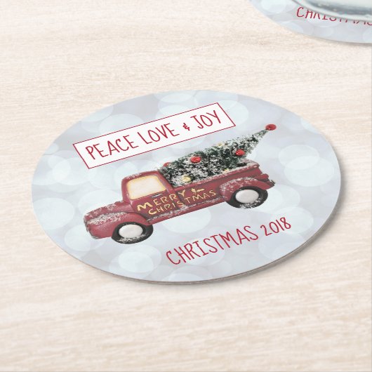 平和の愛と喜びのトイのトラックメリークリスマス ラウンドペーパーコースター (アングル)