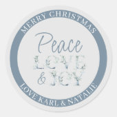 平和の愛と喜びの水の色の文字クリスマス ラウンドシール (正面)