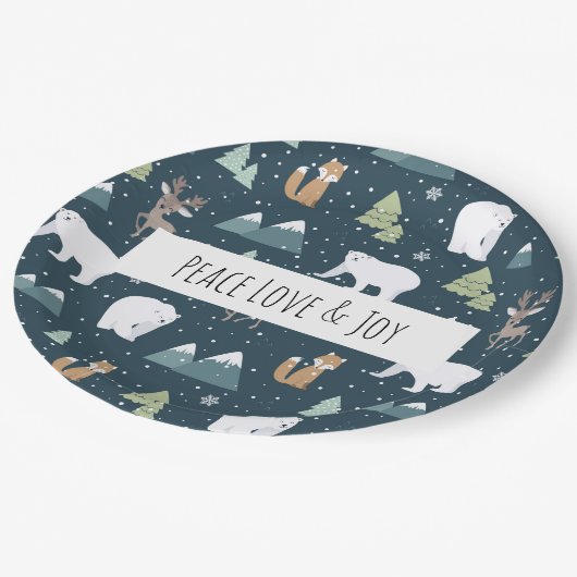 平和の愛と喜びクリスマス動物のパターン ペーパープレート (アングル)
