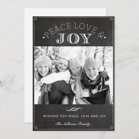 平和の愛と喜びチョークフェイクボードのクリスマスフォト シーズンカード (正面/裏面)