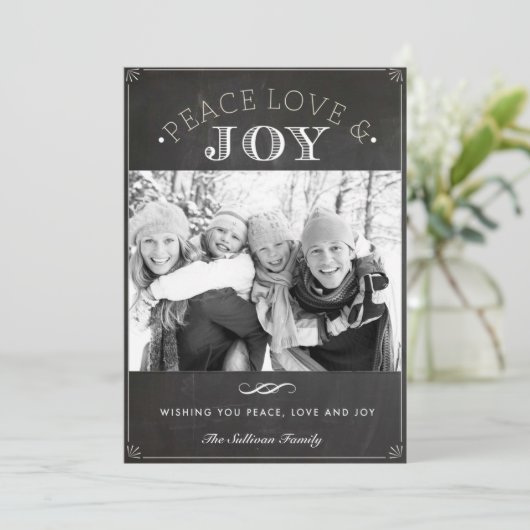 平和の愛と喜びチョークフェイクボードのクリスマスフォト シーズンカード (スタンド正面)