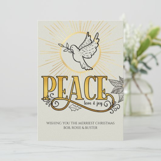 平和の愛と喜びヴィンテージタイポグラフィ平和の鳩 シーズンカード (スタンド正面)