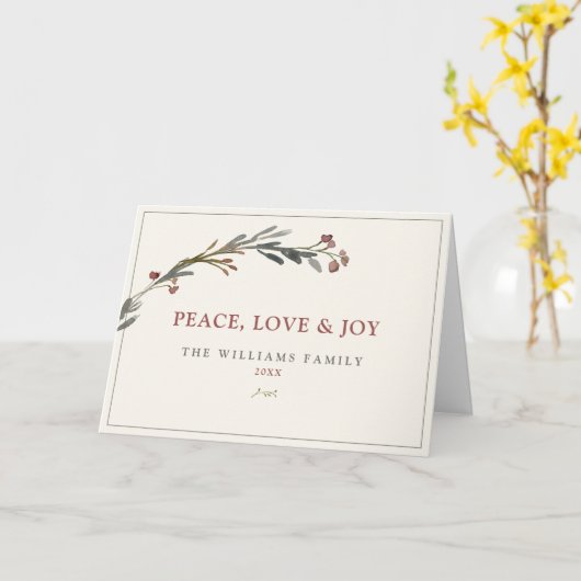 平和の愛と喜び赤い果実の緑の折り畳み カード (黄色い花)