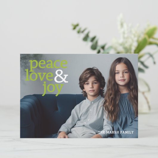 平和の愛と喜び1写真のモダンタイポグラフィ シーズンカード (スタンド正面)