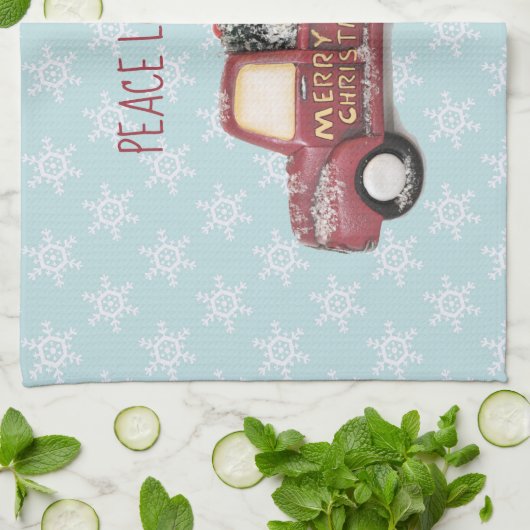 平和の愛と喜び/赤おもちゃのトラックのメリークリスマス キッチンタオル (折り畳み)