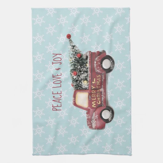 平和の愛と喜び/赤おもちゃのトラックのメリークリスマス キッチンタオル (縦)