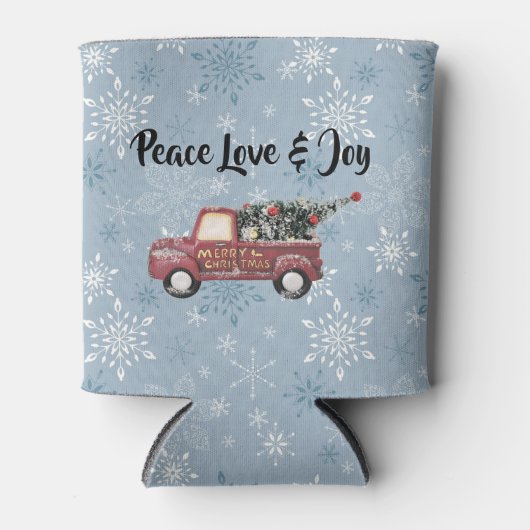 平和の愛と喜び/赤おもちゃのトラックのメリークリスマス 缶クーラー (正面)