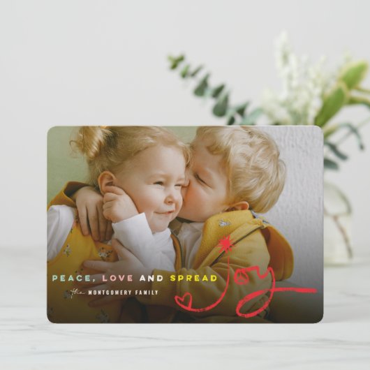 平和の愛と拡散の喜びのタイポグラフィモダン写真 シーズンカード (スタンド正面)