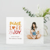 平和の愛の喜び。冬のクリスマスレタリング写真 シーズンカード (スタンド正面)