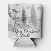 平和の愛の喜び |白黒降雪クリスマス 缶クーラー (正面)