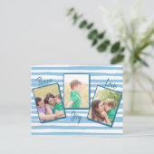 平和の愛の喜び |青い水色3写真クリスマス シーズンポストカード (スタンド正面)