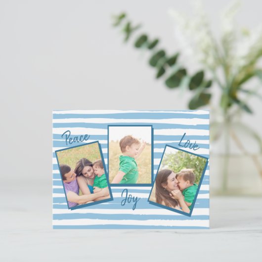 平和の愛の喜び |青い水色3写真クリスマス シーズンポストカード (スタンド正面)