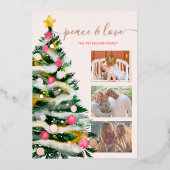 平和の愛クリスマスツリーの水の色3枚の写真 箔シーズンカード (正面)