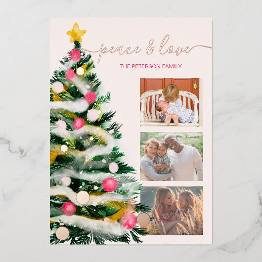 平和の愛クリスマスツリーの水の色3枚の写真 箔シーズンカード (正面)