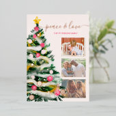 平和の愛クリスマスツリーの水の色3枚の写真 箔シーズンカード (立ち正面)