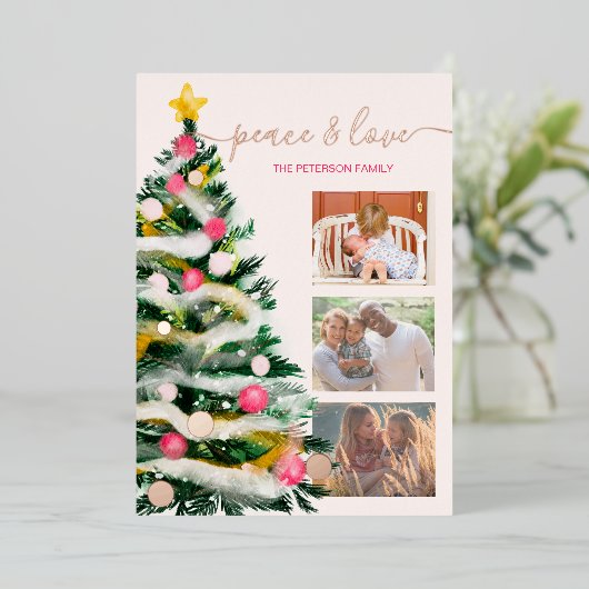 平和の愛クリスマスツリーの水の色3枚の写真 箔シーズンカード (立ち正面)