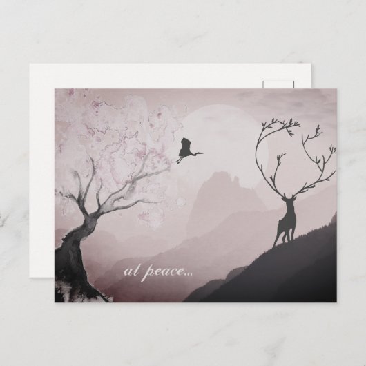 平和の時～ピンクの満月と山の風景ジャパン ポストカード (正面/裏面)