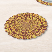 平和の標識の単語スパイラルイエローオレンジのブルゴーニュ赤 ペーパーコースター (アングル)