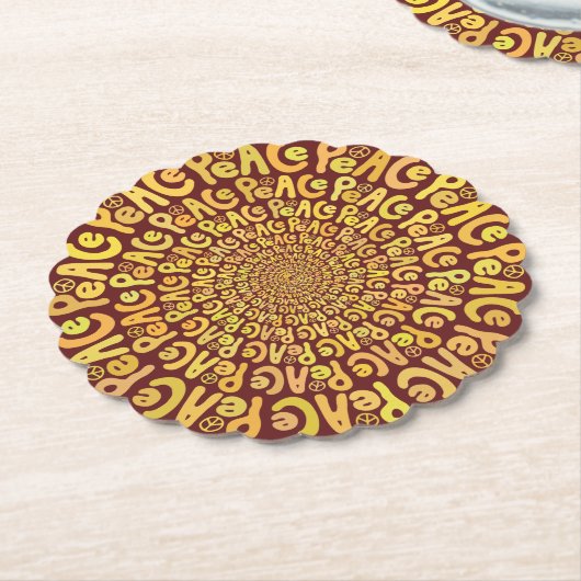 平和の標識の単語スパイラルイエローオレンジのブルゴーニュ赤 ペーパーコースター (アングル)