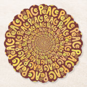 平和の標識の単語スパイラルイエローオレンジのブルゴーニュ赤 ペーパーコースター (正面)