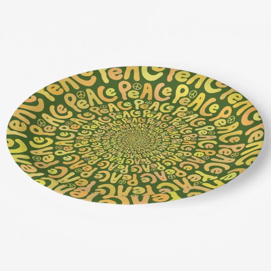 平和の記号の単語スパイラルイエローオレンジの濃い緑 ペーパープレート (アングル)