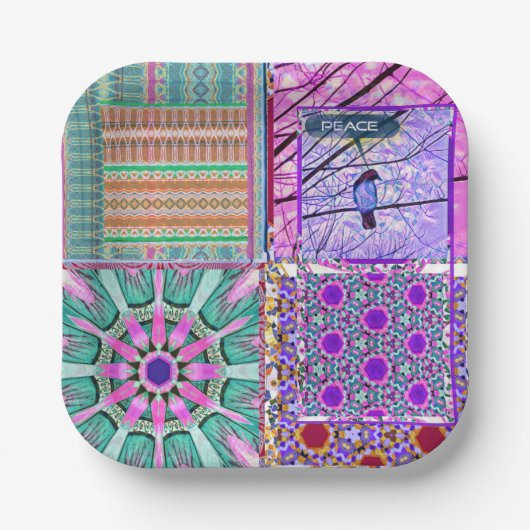 平和の鳥とアズレホスの幾何学的なタイル ペーパープレート (正面)