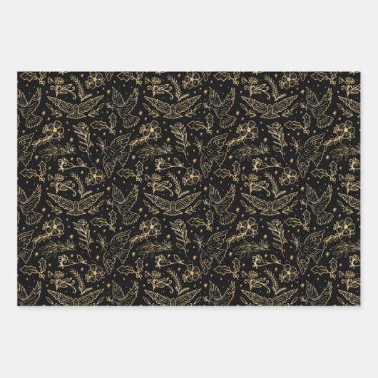 平和の鳩きらめく金箔フローラルパターン ラッピングペーパーシート (正面3)