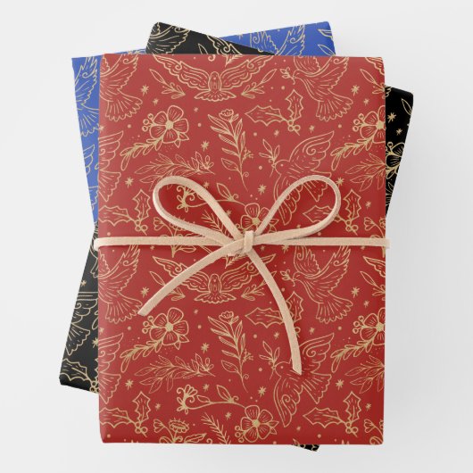 平和の鳩きらめく金箔フローラルパターン ラッピングペーパーシート (インサイチュ)
