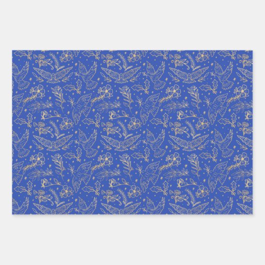 平和の鳩きらめく金箔フローラルパターン ラッピングペーパーシート (正面3)