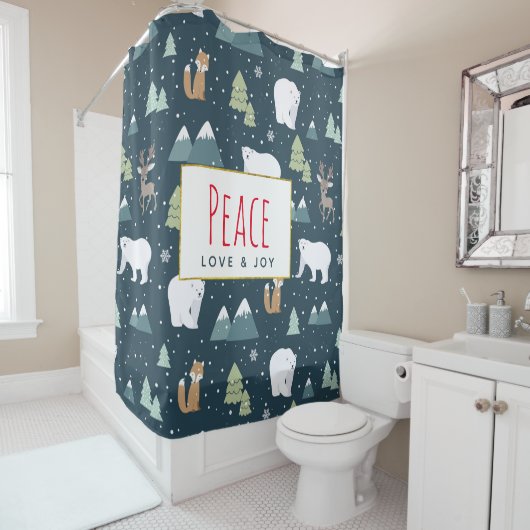 平和への愛と喜びかわいいクリスマス動物のパターン シャワーカーテン (インサイチュ)