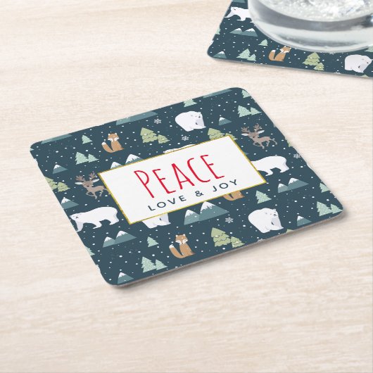 平和への愛と喜びかわいいクリスマス動物のパターン スクエアペーパーコースター (アングル)