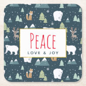 平和への愛と喜びかわいいクリスマス動物のパターン スクエアペーパーコースター (正面)