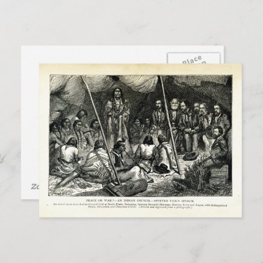 平和または戦争 – 北プラットで開催されたインディアン評議会 ポストカード (正面/裏面)
