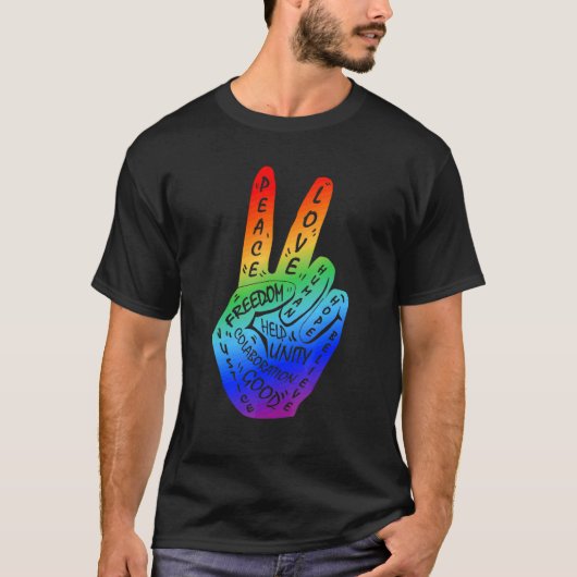 平和を戦争ではなく平和を実現する手のサイン虹のLgbtq Tシャツ (正面)
