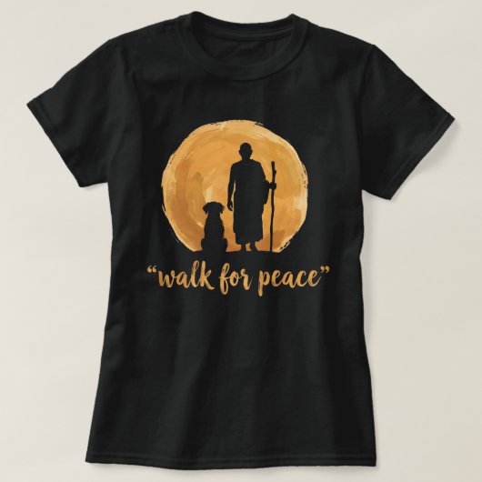 平和を歩く僧侶とアローカ犬 Tシャツ (デザイン正面)