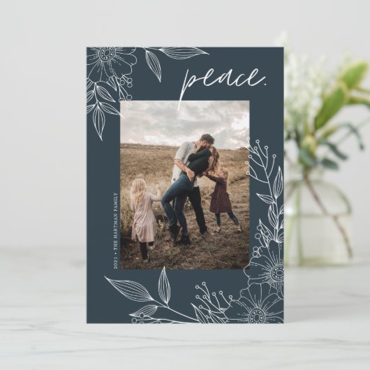 平和エレガントのクリスマスフローラの青い写真 シーズンカード (スタンド正面)