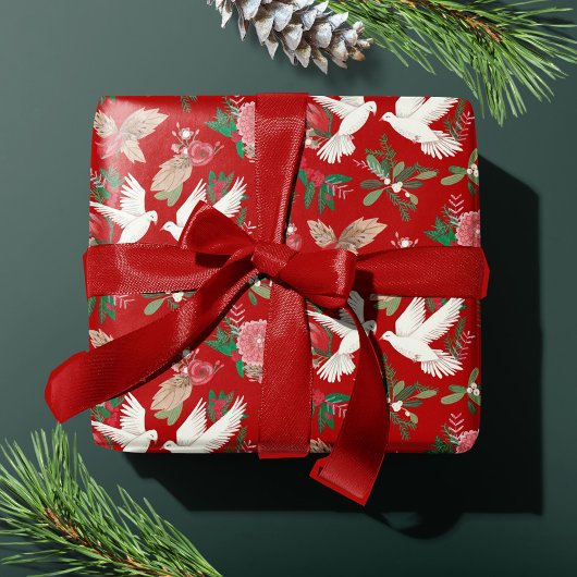 平和オンアースの鳩フローラルパターン ラッピングペーパー