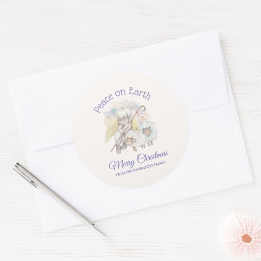 平和オン・アース・エンジェル羊飼い羊のクリスマス ラウンドシール (封筒)