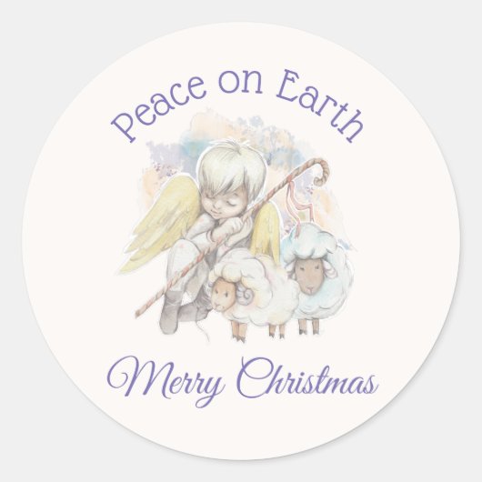 平和オン・アース・エンジェル羊飼い羊のクリスマス ラウンドシール (正面)
