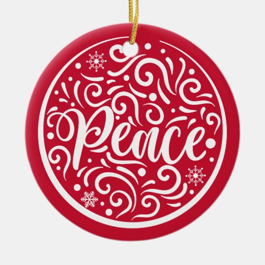 平和カスタム家族フォトクリスマスホリデーレッド セラミックオーナメント (正面)