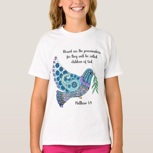 平和カラフルに関する聖句を書く（マタイ5:9） Tシャツ (正面)