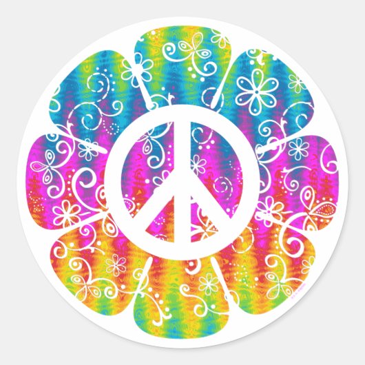 平和カラフル記号の花 ラウンドシール (正面)
