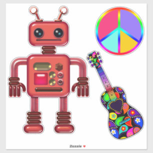 平和サイン入りのかわいいロボットとギターおもしろい シール
