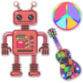 平和サイン入りのかわいいロボットとギターおもしろい シール (正面)